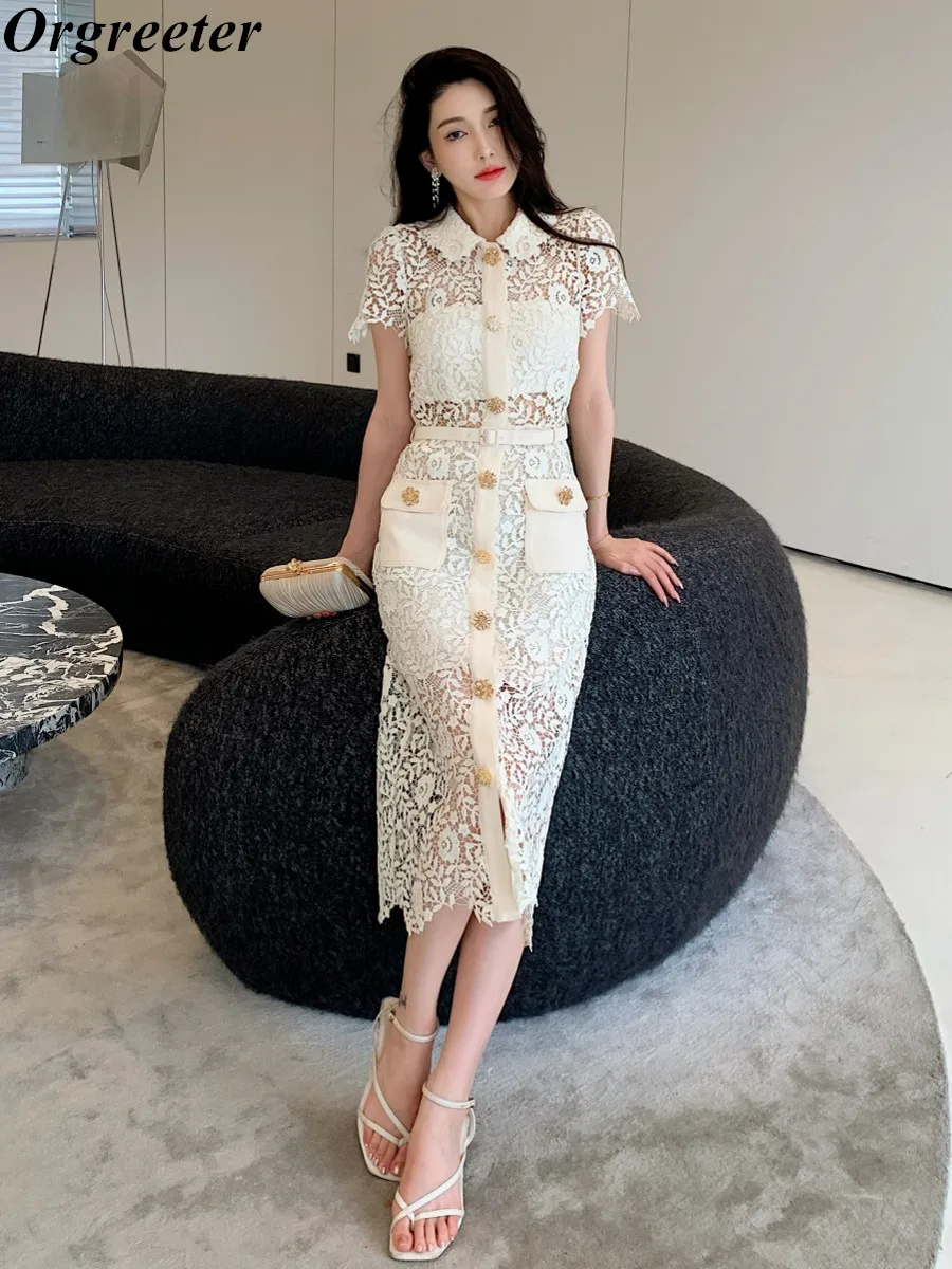 

Женское кружевное платье с коротким рукавом, однобортное ажурное платье средней длины с воротником с отворотом и поясом