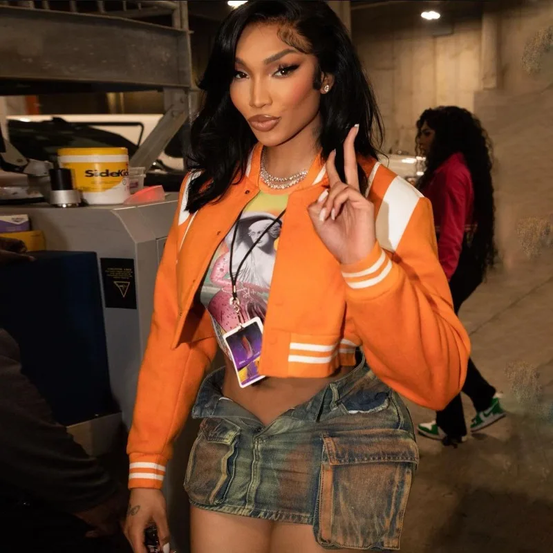 

Slim Crop Baseball Jacket for Women Y2K 2023 Autumn Casual Vintage Long Sleeve O-neck Single-breasted Bomber Coat Streetwear