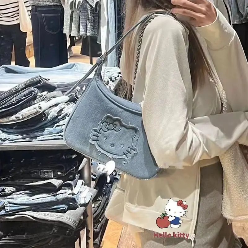 New Sanrio Peripheral Hello Kitty Denim Bag Kawaii Retro Embroidered Totem Y2K Large Capacity Underarm Casual Handbag Gifts