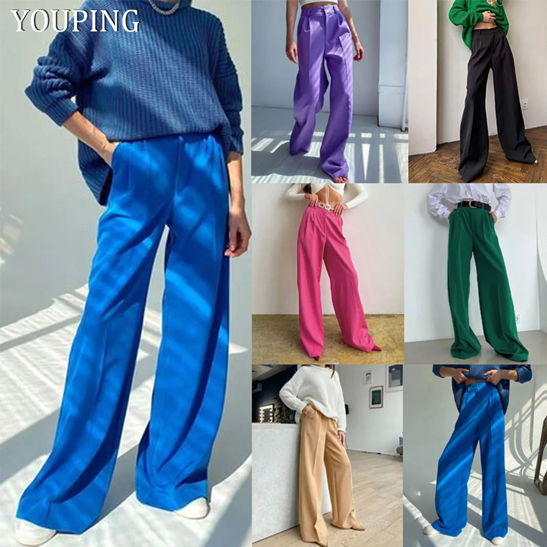 

YOUPING Women's Solid Loose Suits Pants Y2k Retro Casual Straight High Waist Mopping Long Pants New Wide Leg Trousers for Women