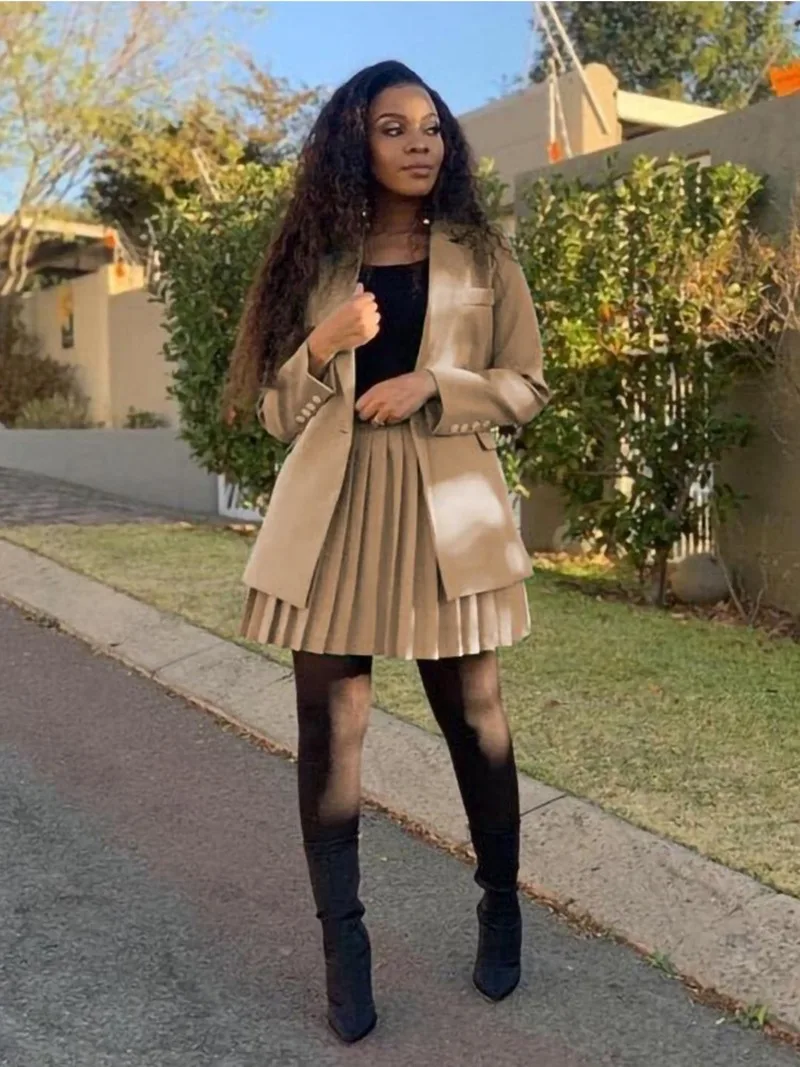 2023 Fashion Women Blazer and Pleated Skirt Set Long Sleeve Office Lady Solid Color Two  Piece Suit Large 3XL Business