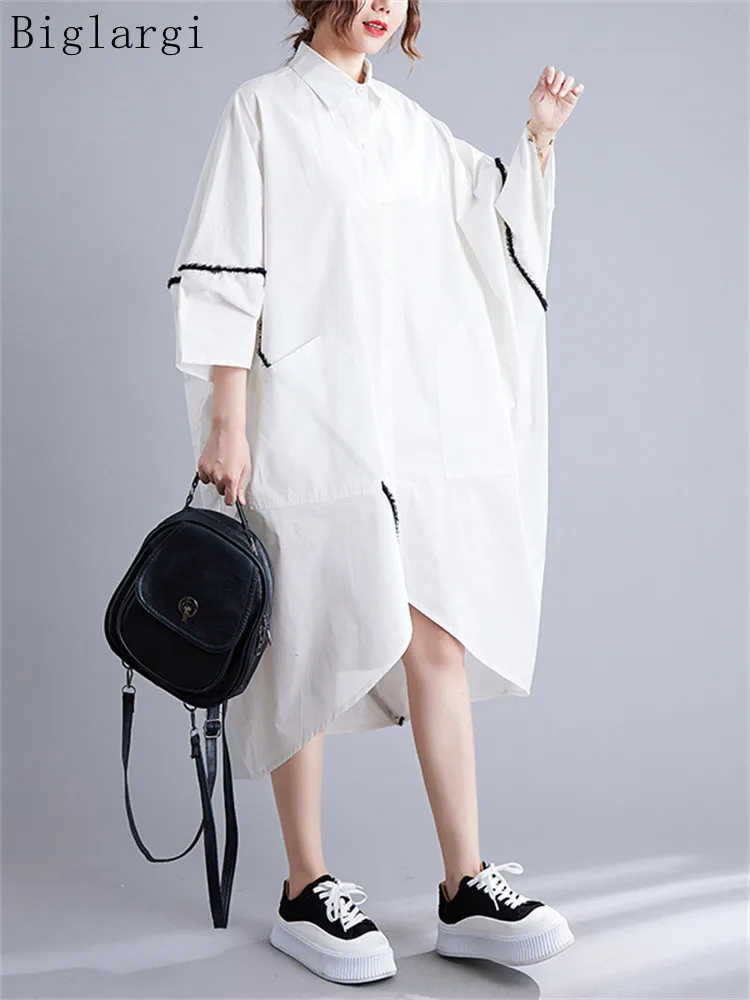 

Oversized Loose Chic White Shirt Irregular Dress Spring Summer Woman Casual Women Korea Big Size Womens Dresses Cotton Dress New