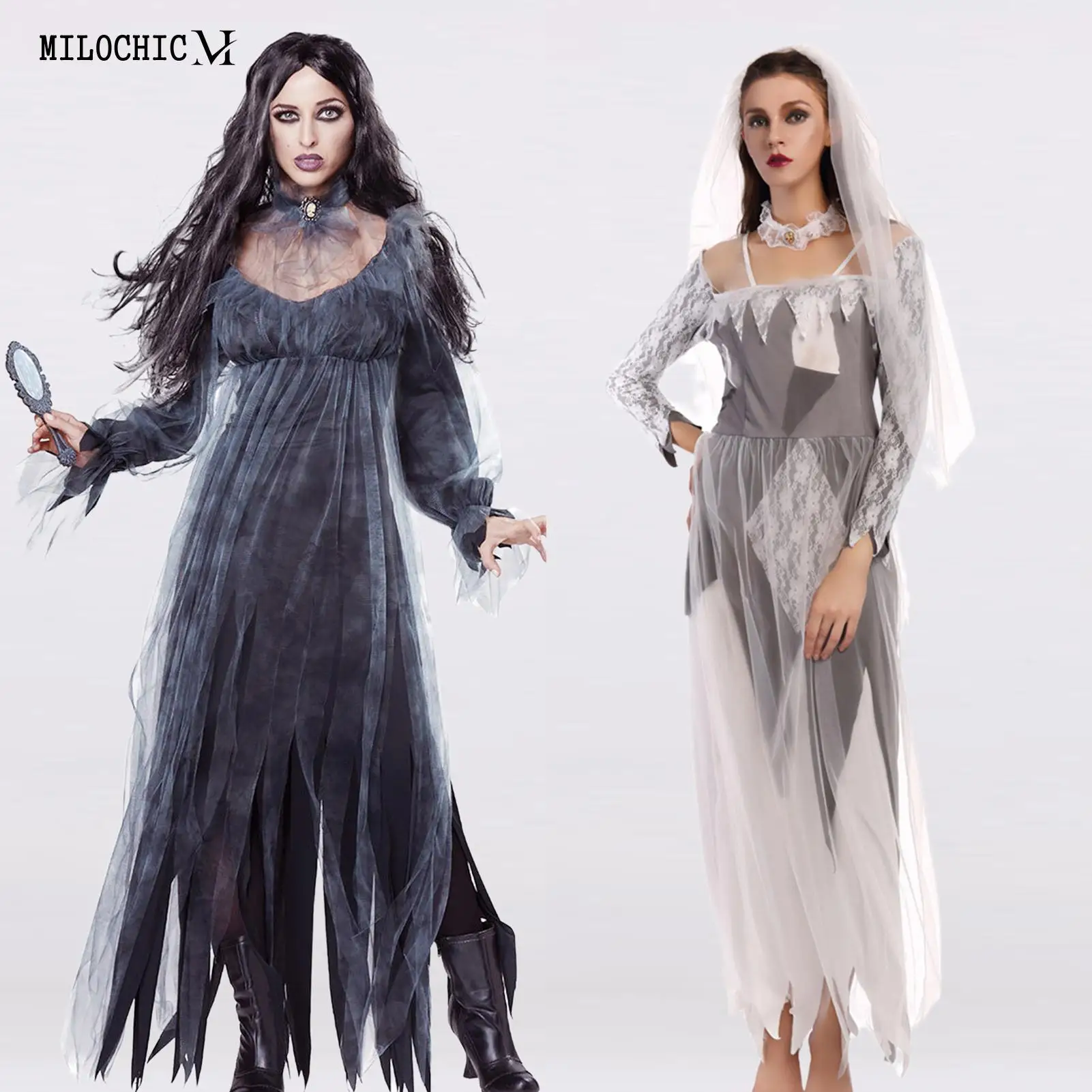 

Cotton Halloween Cosplay Dress with Veil Women Scary Tunic Dress Long Sleeve Slim Fit Gothic Style Zipper Party Clothing