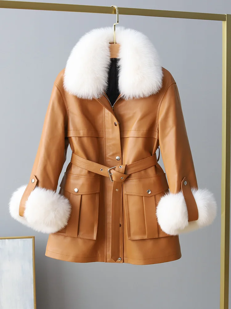 

2023Leather jacket,90% White Duck Down Women's Down Jackets Fox Fur Collar Coat Female Real Sheepskin Leather Jacket Women Invie