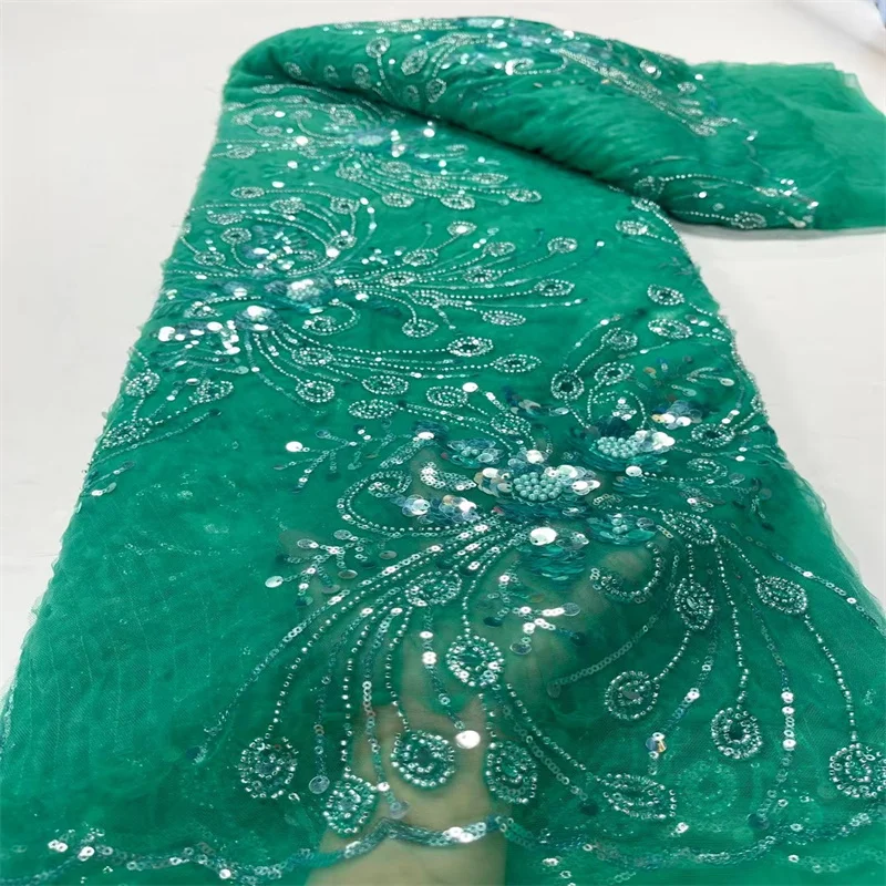 

Luxury Sequence African Beads Lace Fabric Green Latest High Quality French Tulle Lace Embroidery With Sequins For Party Dress
