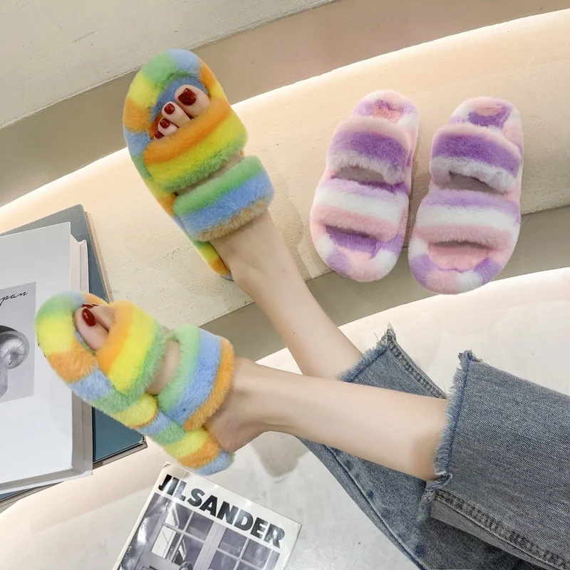 

Winter Plush Slippers for Women Fashion Home Cotton Mixed Colors Woman Shoes Furry Slides for Women Plus Size 42 Ladies Slippers