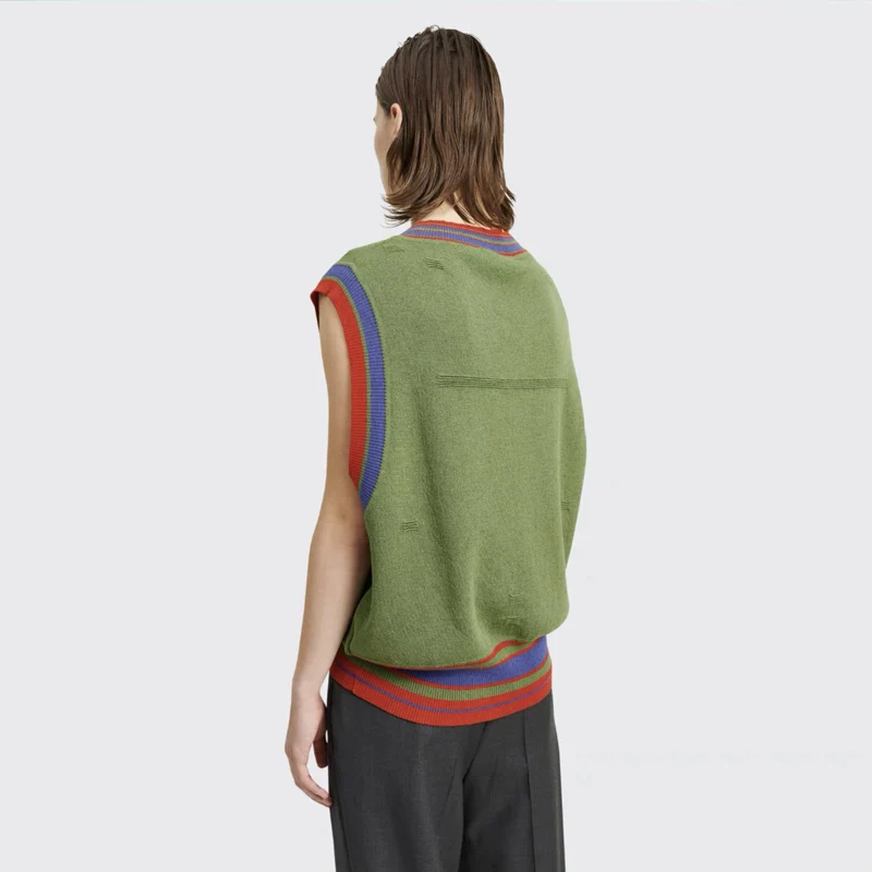 Japanese Casual Style Men's and Women's Knitting Wool Blend Splicing Pullover V-neck Sleeveless Loose Sweater Vest Tank Top