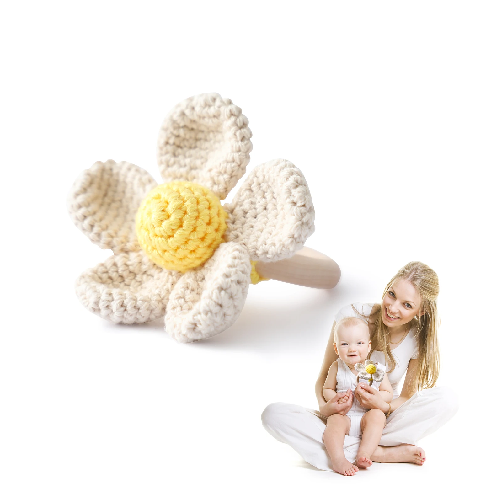 Newborn Baby Rattles Cute Cartoon Flower Bell Grab Ability Training Toys Infant Bell Toy Original Wood Crochet Hook Knitted