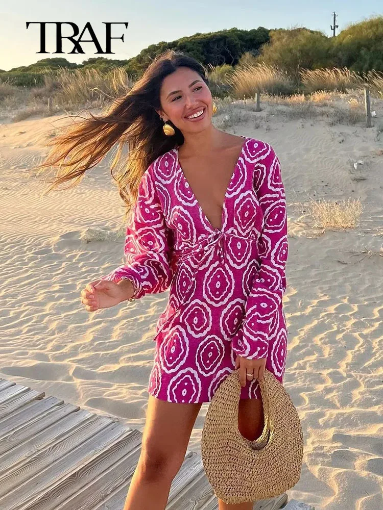 

TRAF 2023 Women Dresses Spring Summer Sleeveless Fashion Sexy Printed Soft Party Beach Mini Dress