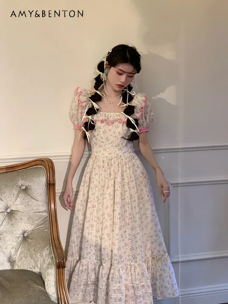 

Summer French Style Floral Dress Women's Square Collar Fairy A- Line Slimming Dress Female Short Sleeve Wedding Dress