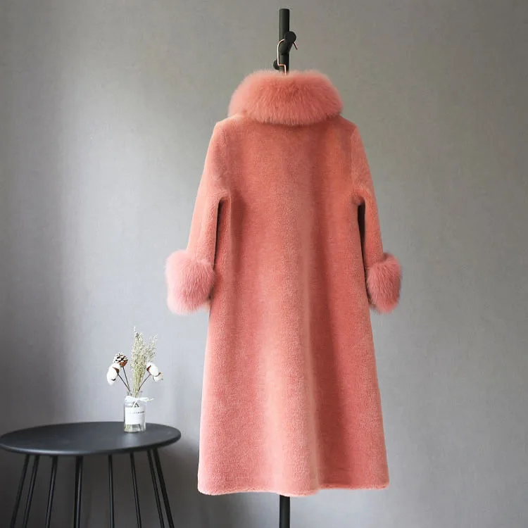 Women 100% Wool Jacket Long Real Fur Coat Winter Jacket Natural Fox Fur Collar And Sleeve Cuff Outerwear Fashion Overcoat