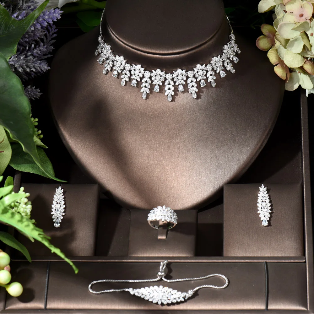 

Fashion Leaf Shape 4pcs Cubic Zircon Wedding Costume Necklace Jewelry Set White Gold Color Bridal Jewellery Accessories N-1545