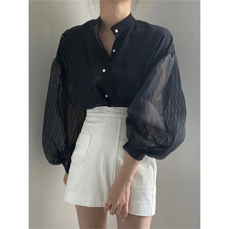 Элегантные белые рубашки MEXZT женские винтажные сетчатые Лоскутные однотонные