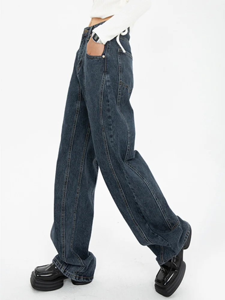 

Trousers [GIGIYW] Dark Blue Jeans Embroidery Women Women's New 2023 Loose Drape High Straight Tube Wide Leg Pants Autumn KZ262