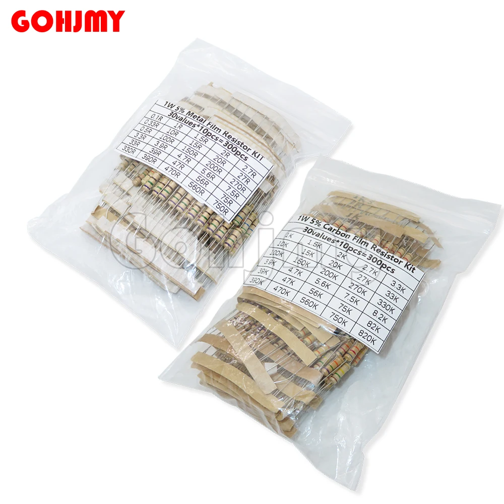 

30Values*10Pcs 1W Resistor Kit Carbon Film Resistance 5% (0.1R-750 Ohm 1K-820K)300PCS/Set
