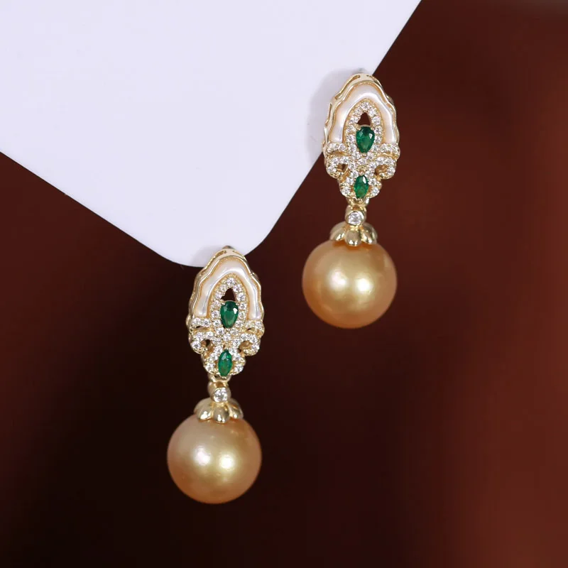 

MeiBaPJ 10-11mm Natural Golden Round Pearls Fashion Green Zircons Drop Earrings 925 Silver Fine Wedding Jewelry for Women