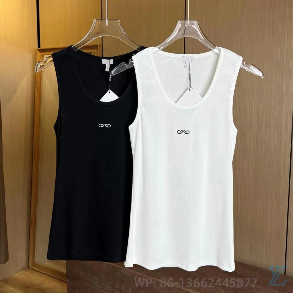 

2023 Summer Embroidered Sleeveless Tank Top Women's Slim Fit Versatile Black and White Elastic Bottom Shirt