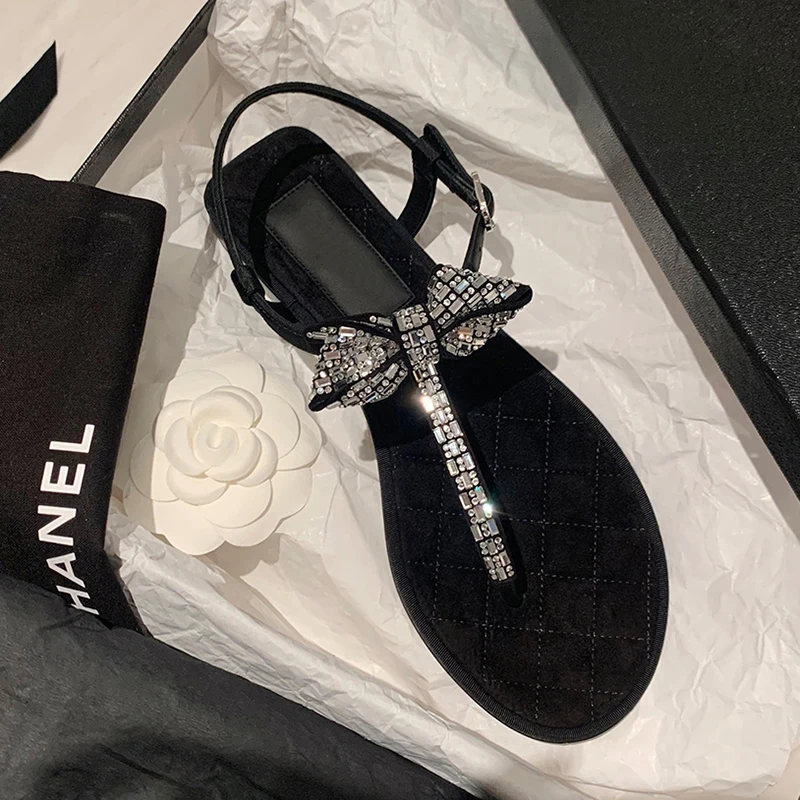 

Small spiced rhinestone bow clip-toe sandals flat leather shoes with a strap clip-toe shoes