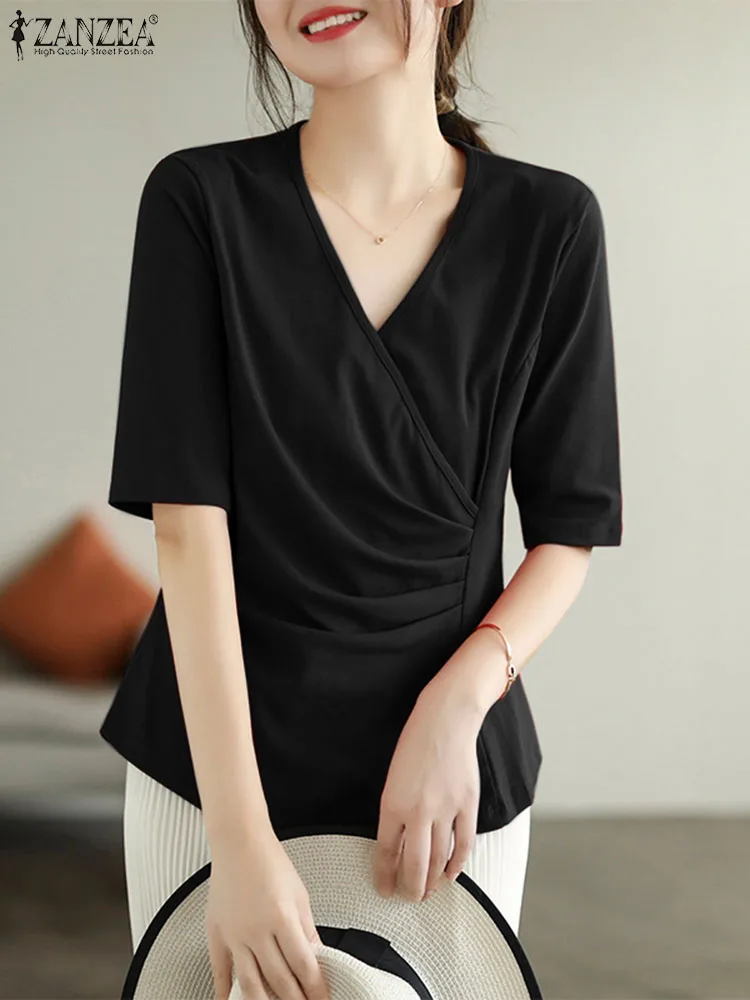 

ZANZEA Solid Color Drapped Blouses V Neck Women Summer 2023 Irregular Hem Shirts Half Sleeve Elegant Casual Office Lady Tops