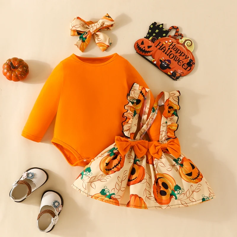 

Комплект одежды Lioraitiin для девочек 0-18 месяцев, 3 предмета, 2023-07-28, наряды на Хэллоуин, комбинезон с длинным рукавом и юбка на бретелях, комплект с повязкой на голову