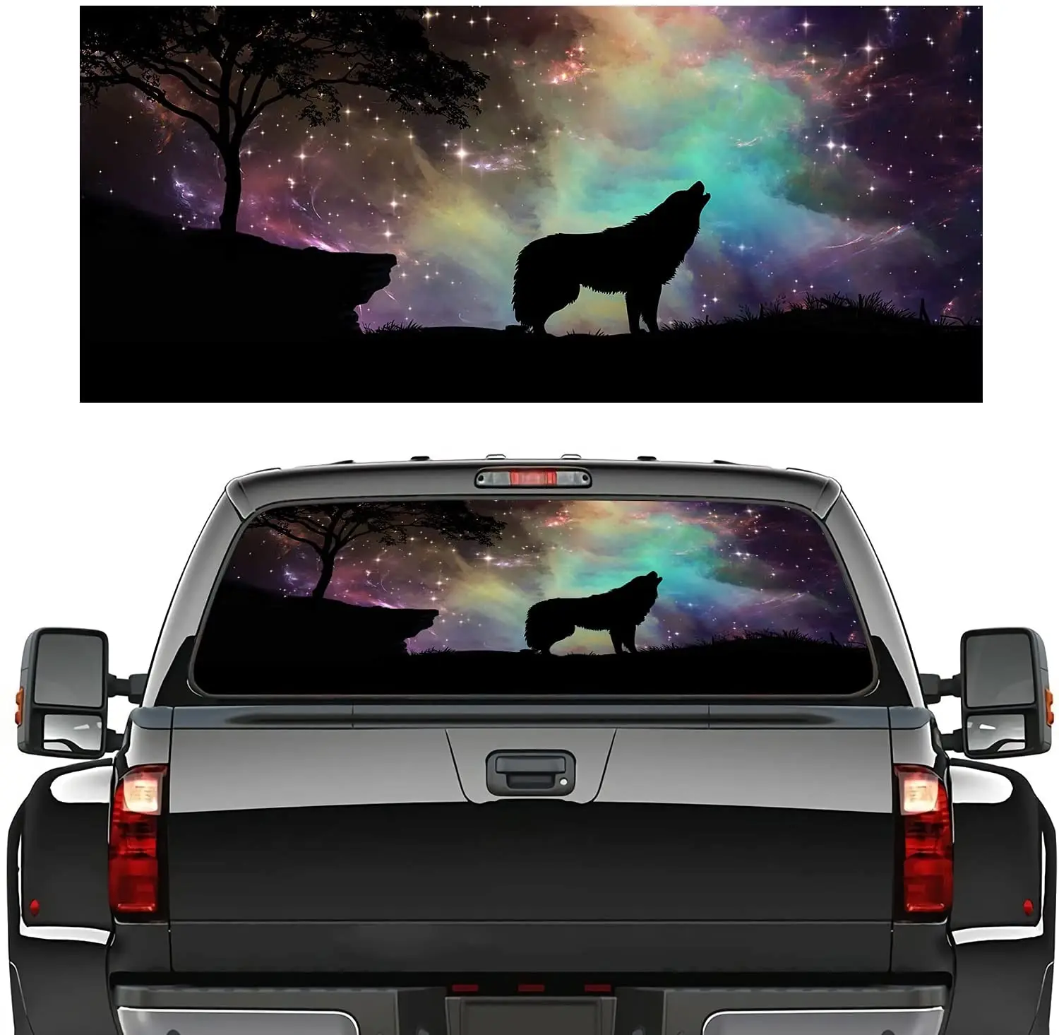 

Rear Window Graphic Decal for Trucks SUV, Cars, Universal,Starry Sky Wolf Perforated Vinyl Window Film Truck Back Window Decals