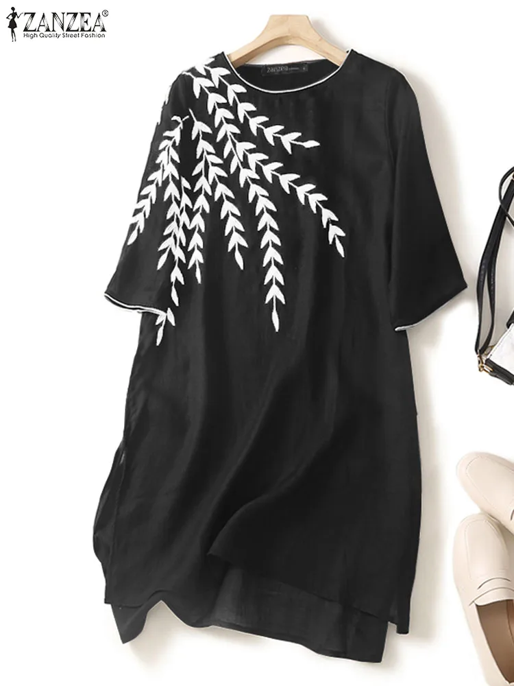 

ZANZEA Women Casual Solid Retro Embroidery Sundress Party Dresses 2022 Summer Mini Vestidos Oversized Loose Dating Robe Femme