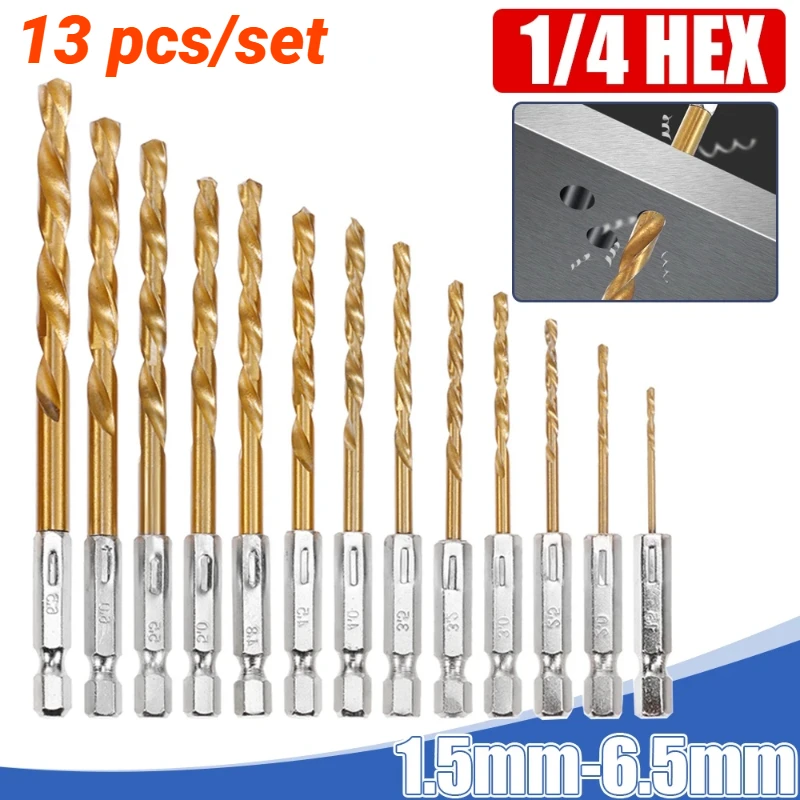 

13PCS HSS High Speed Steel Titanium Coated Drill Bit Set 1/4 Hex Shank 1.5mm-6.5mm Hexagonal Handle Quick Change Twist Drill