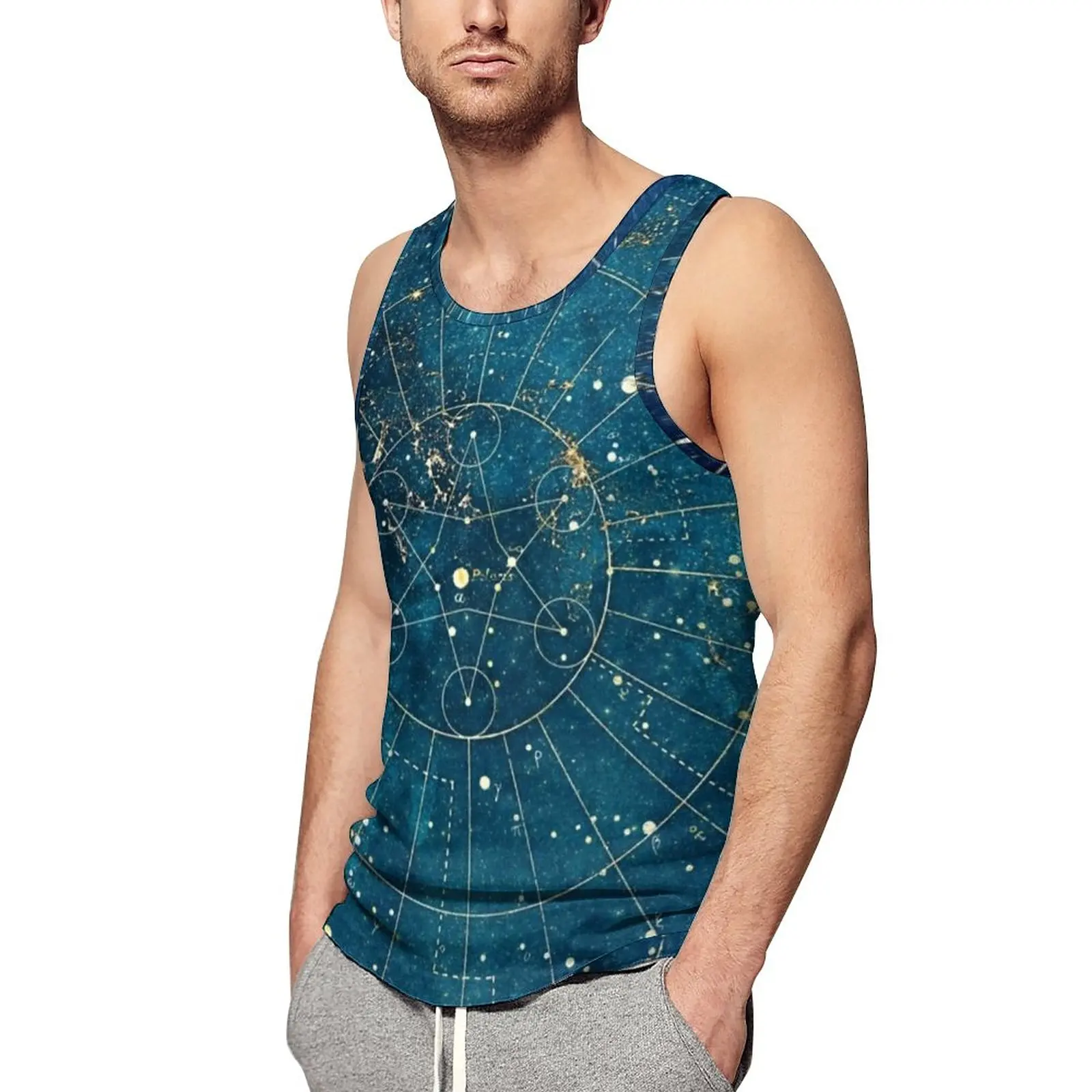 

Night Symbol Print Tank Top Men Star Map City Lights Training Oversized Tops Daily Trendy Graphic Sleeveless Vests