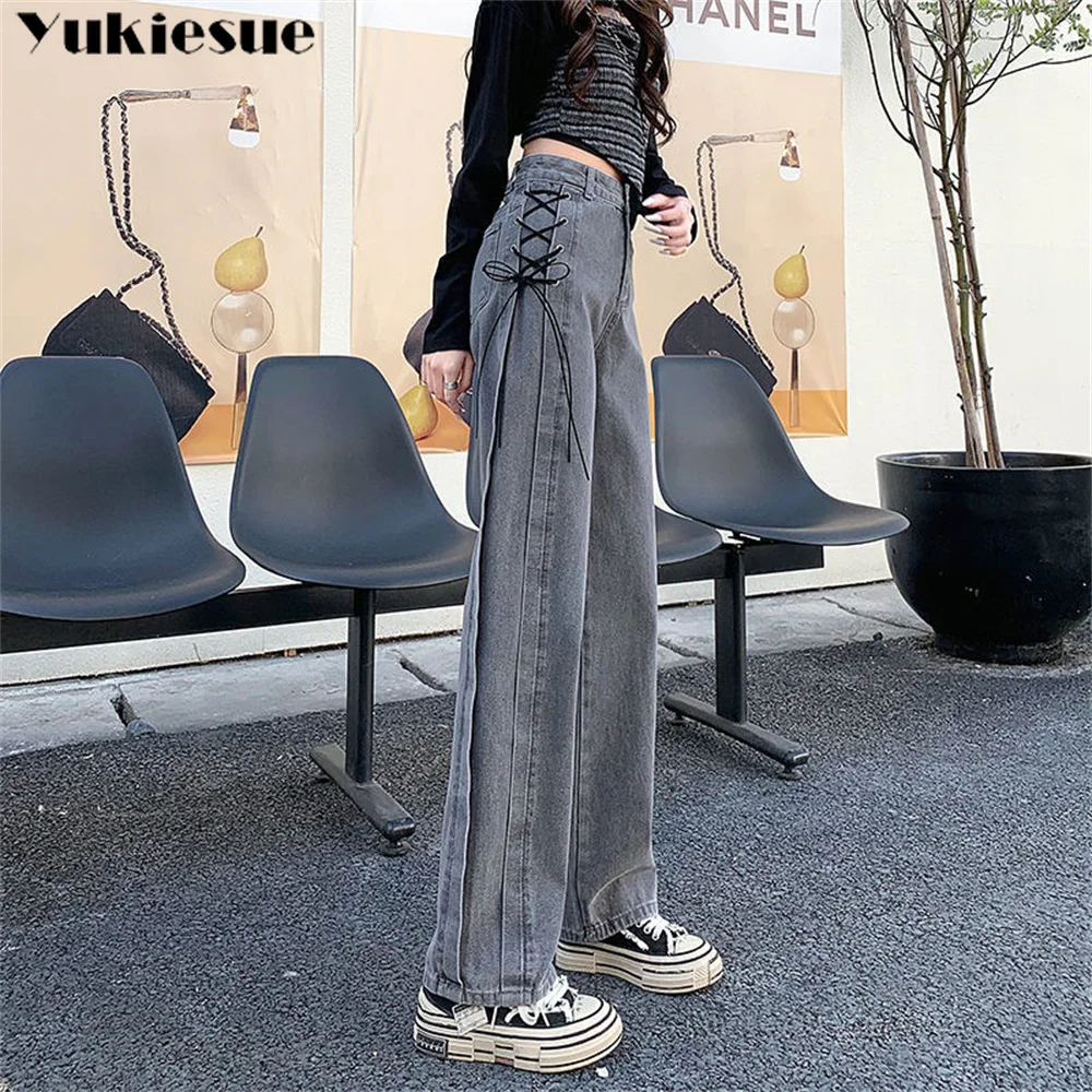 

lace up 2022 womens fashion high waist Women's Wide leg jeans baggy woman denim capris straight Pants jean mom jeans trousers