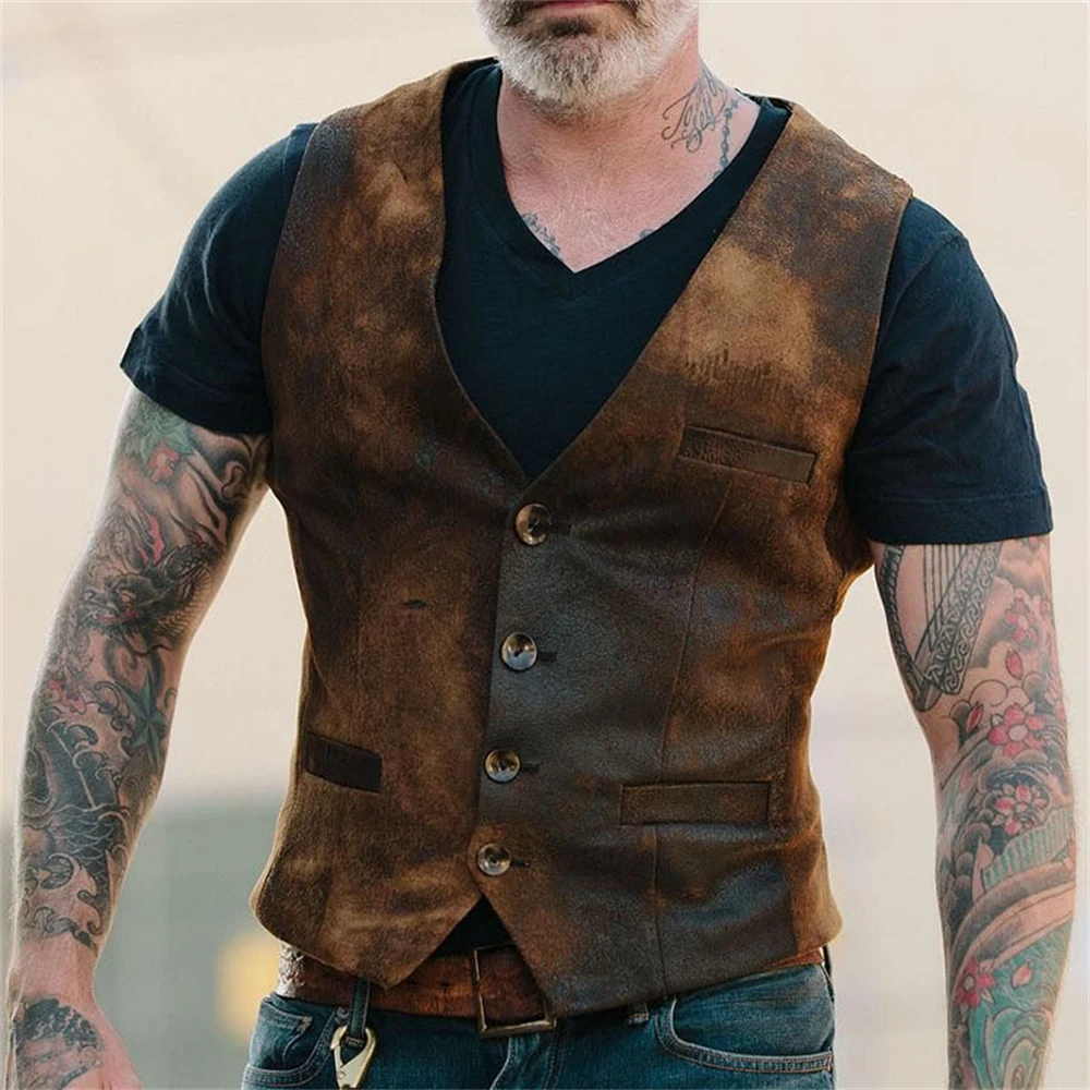 New Fashion Shirt for Men Vintage Turndown Neck Vest Single Breasted One Piece Casual Male Waistcoat Men Vest Jacket Coat