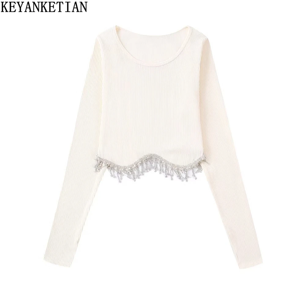 

KEYANKETIAN Women's Jewelry Encrusted Seamless Knit Top Fall New Light Luxury Minimalist Cut Skinny Short Long Sleeve Shirt
