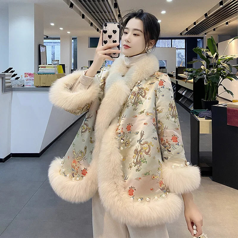 Chinese style beaded Tang style cape coat winter