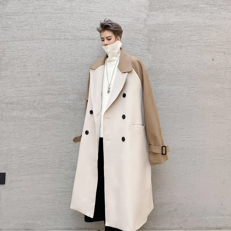 

2022 Autumn Winter Men New Casual Windbreaker Jackets Men's Long Double-breasted Coats Male Lapels Contrast Color Outwear C141