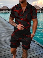 mens tracksuit suit zipper polo shirt shorts 2 piece sets for men streetwear 3d printed mesh breathable casual outfits summer