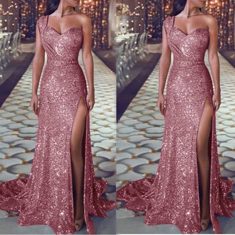 

New Women Elegant Irregular Dresses Fashion Slim Bodycon Sequin Long Evening Dress Sexy One Shoulder High Slit Shiny Party Dress
