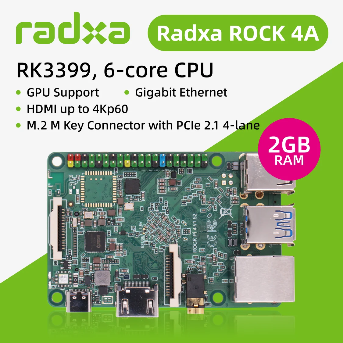 VivaCTRadxa ROCK 4A RK3399, 6-ядерный процессор SBC, HDMI с поддержкой 4K, Gigabit Ethernet и PCIe 2.1, одноплатный компьютер (art.: 3920da4954fed) - 3920da4954fed