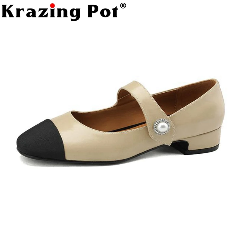 

Туфли Krazing Pot на среднем каблуке, натуральная кожа, круглый носок, шикарные универсальные брендовые туфли-лодочки на ремешке с пряжкой, больш...