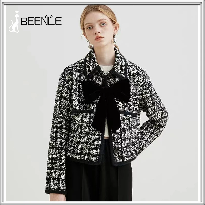 BEENLE Tweed Jacket Women's Spring 2022 New Woolen Suit Black Lapel Short Jacket Retro Style Bow Jacket Top Coat