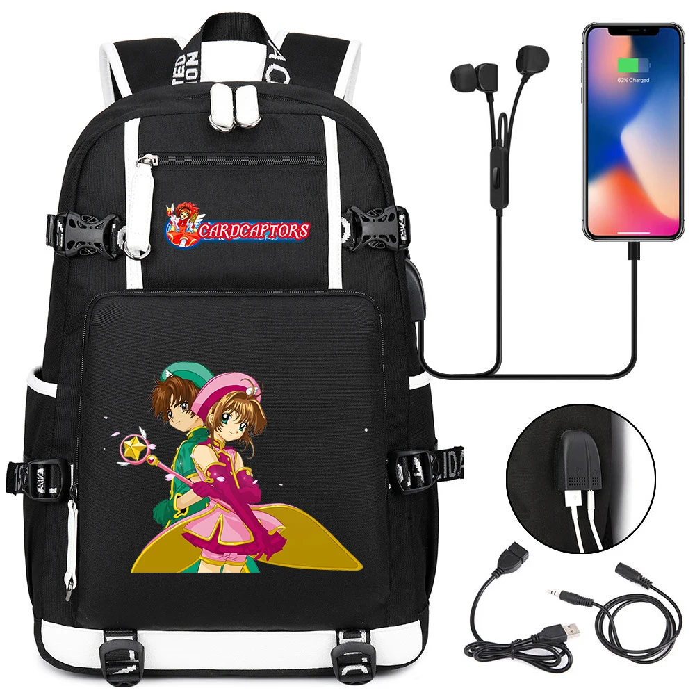 

Anime Card Captor USB Charging Casual Backpack High Capacity Zipper Packsack Student Cartoon Bookbag Teenager Travel Laptop Bag