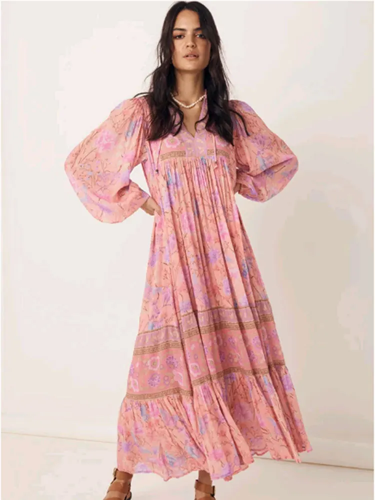

Trendeez Floral Print V Neck Lantern Sleeve Ruffle Hem Ankle Dresses