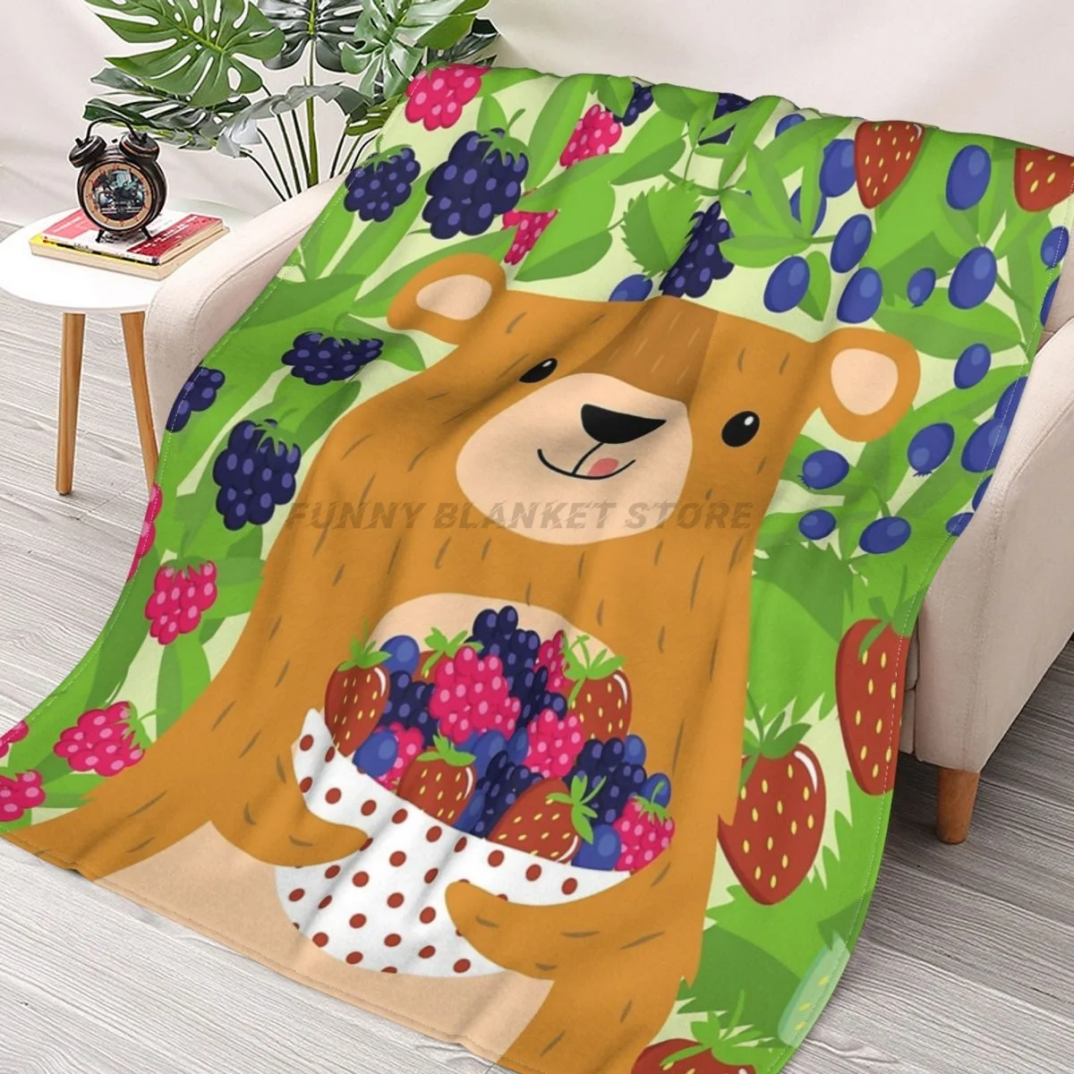 

I Love Berries - Berry Bear Throws Blankets Collage Flannel Ultra-Soft Warm picnic blanket bedspread on the bed