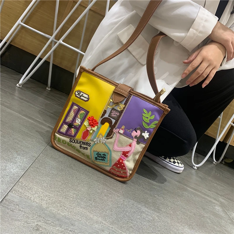 Women Bags Canvas Patchwork Embroidery Purse Cross Body Messenger Bag Shoulder Bags Braccialini Style Art Cartoon Perfume Girl