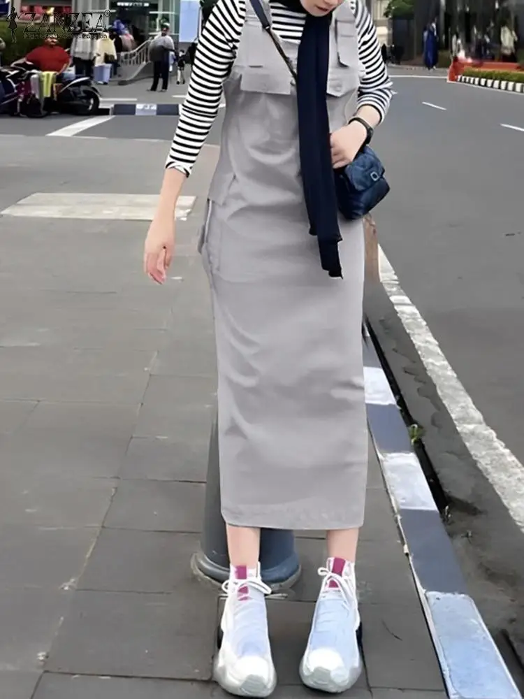 Модное женское весеннее мусульманское платье ZANZEA без рукавов платья-карго