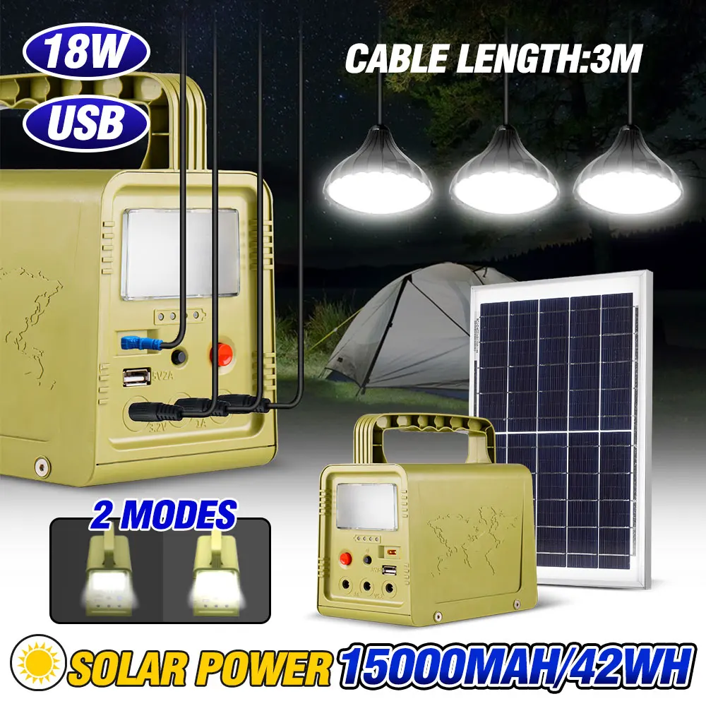 

Solar Power Panel Generator Outdoor Power Portable Emergency Light Kit USB Rechargeable with 3 LED Bulbs for Outdoor Camping