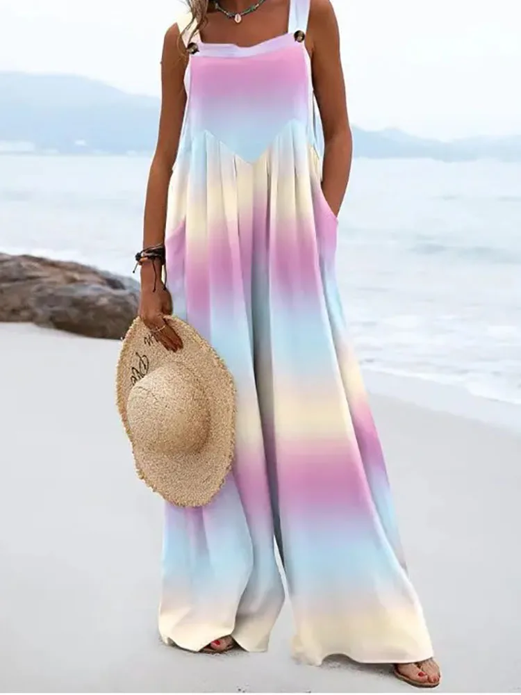 

Loose Sleeveless Resort Beach Wide Leg Pants Jumpsuit Women Summer Jumpsuit 2022 Vintage Print Double Pocket Bib Jumpsuit Casual