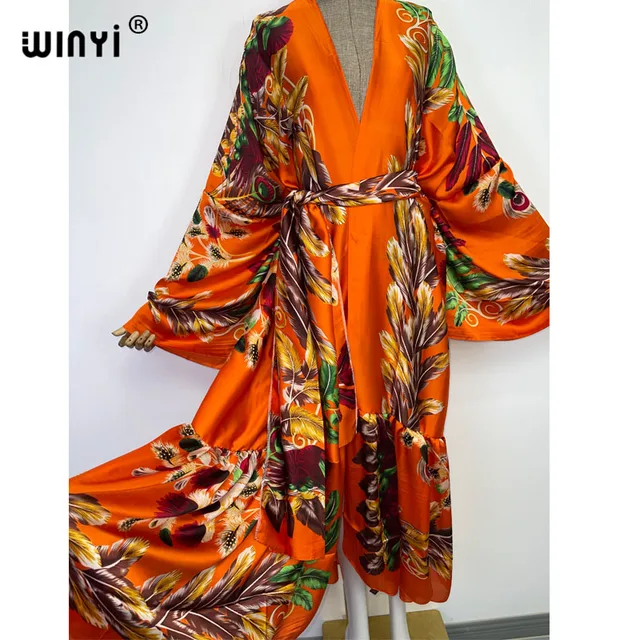 2022 WINYI Middle East Daily prom dress Positioning printing Self Belted Women Summer Clothing Kimono Dress Beach Wear Cover Up 2