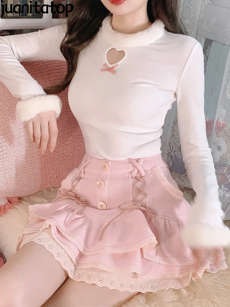 

Juanitatop Japanese Pink Sweet Lolita Blouse Women Winter Warm Kawaii Knitted Blouse Female Long Sleeve Korean Style Clothing