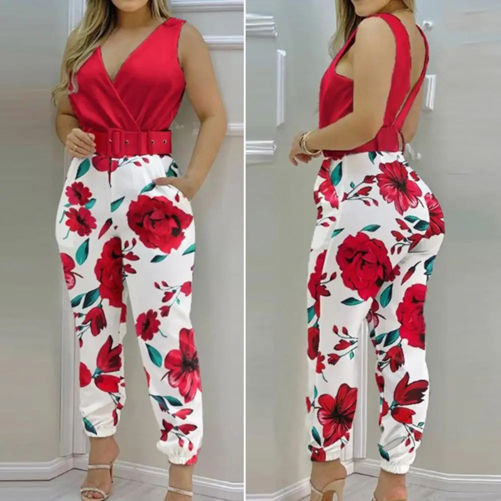 

Ladies Overalls Popular Female Solid Color High Waisted V Neck Overalls for Banquet Office Lady Jumpsuit Ladies Jumpsuit
