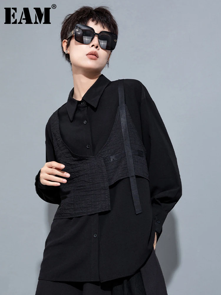 

[EAM] Женская Черная Асимметричная плиссированная блуза большого размера, новая свободная рубашка с отворотом и длинным рукавом, модная демисезонная 2023, 1DH0995