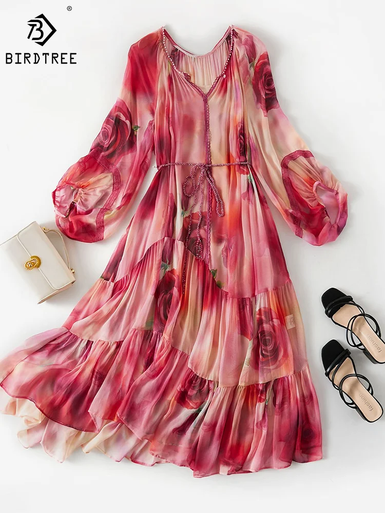 Birdtree Summer 100%Natural Mulberry Silk Dress Women Beaded V Necks Digital Printed Office Georgette Maxi Dress New D36242JM